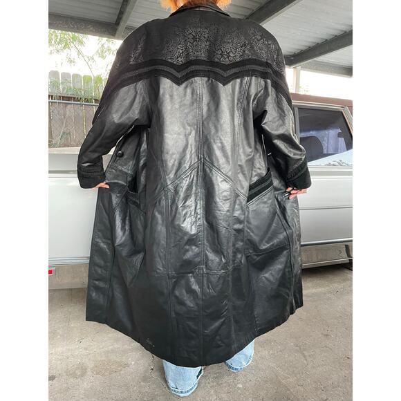 š„Vintage 80s Winlit Baroque Paisley Leather Long Duster Coat Gothic Steampunk M - Picture 3 of 16